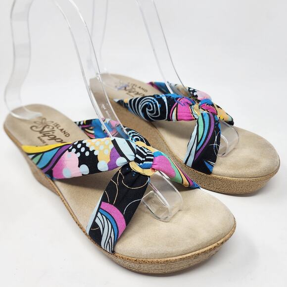 Island Slipper Wedge Women 8 Colorful Pink Black Fabric with Gold Ring Comfort - Picture 2 of 10